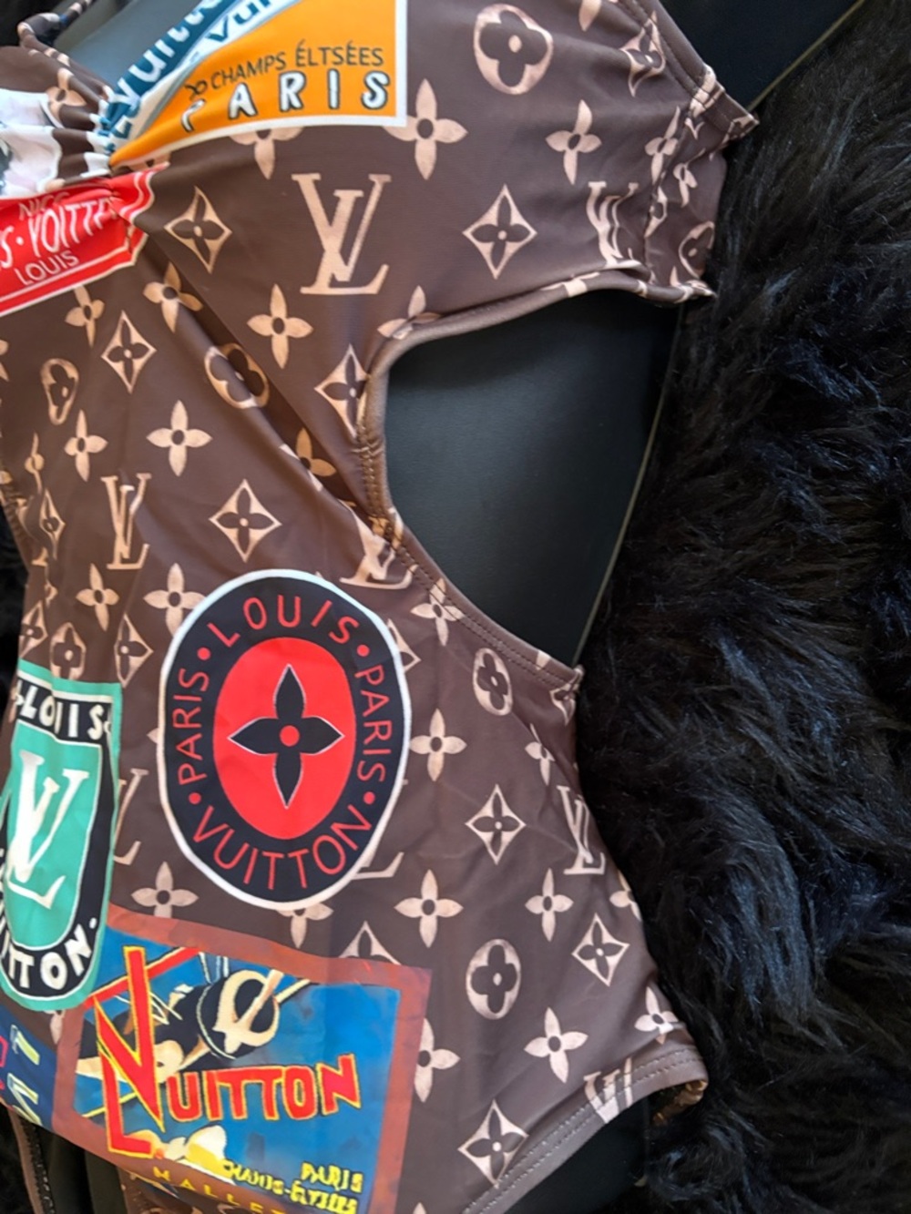 Louis Vuitton Brown Monogram One-Piece Swimsuit with Multicolor Travel Patches - Picture 10 of 11